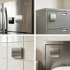 Close-up views of a stainless steel refrigerator and cabinet doors featuring modern silver magnetic hardware.