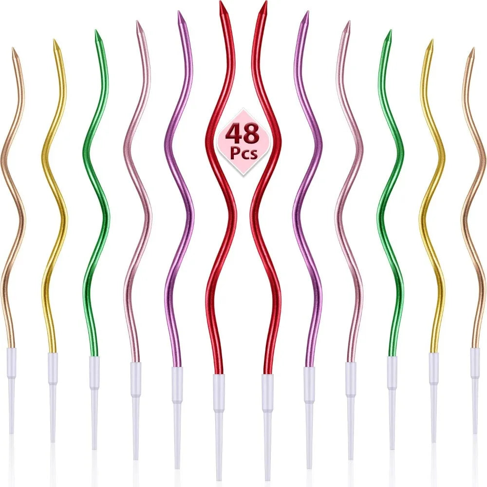 A collection of 48 rainbow colored birthday candles displayed vertically.