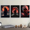 Three framed abstract samurai wall art prints featuring dark figures against fiery red and orange backgrounds
