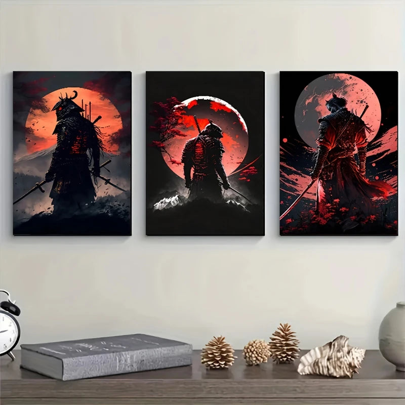 Three framed abstract samurai wall art prints featuring dark figures against fiery red and orange backgrounds