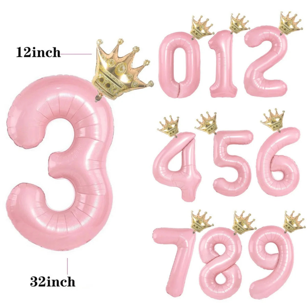Pink aluminum foil crown number balloons showing the numbers three, four, five, six, seven, eight, and nine.