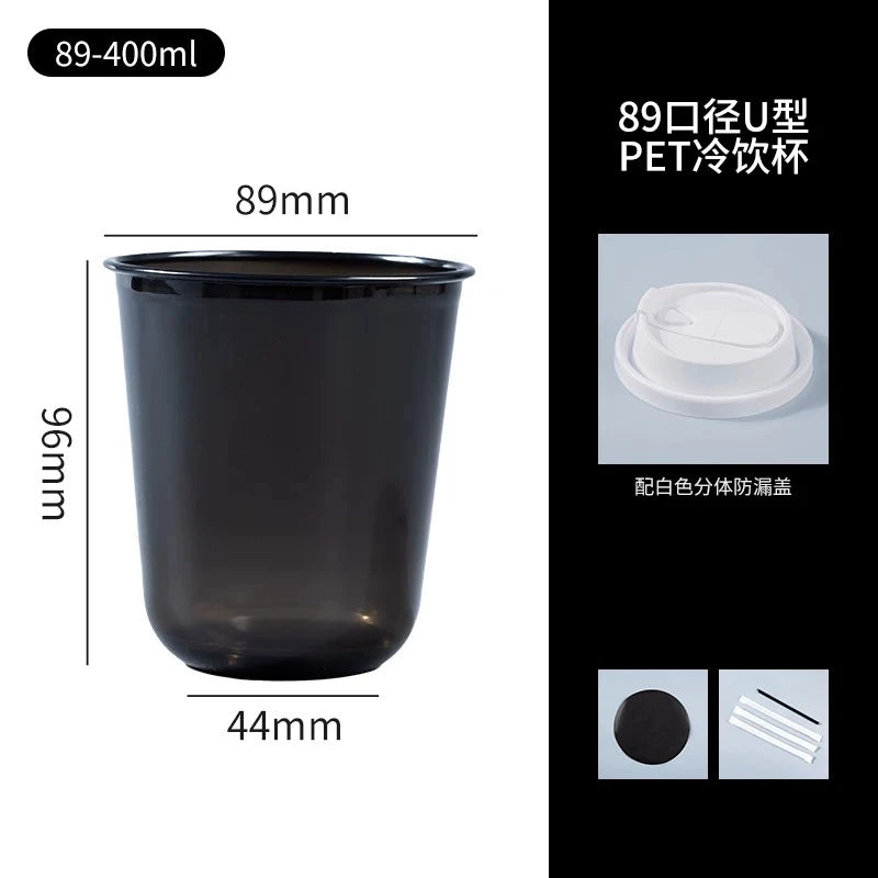 Schwarze 89-400ml PET-Einwegbecher mit Deckel und Strohhalm in verschiedenen Ansichten.