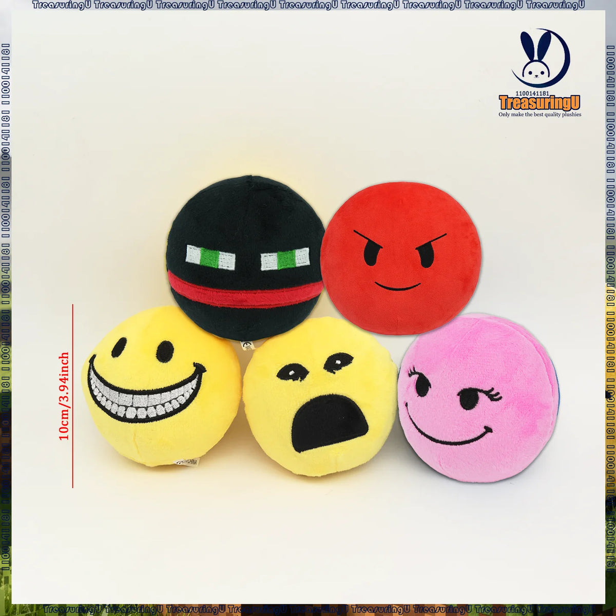 A collection of four plush dolls in black, red, yellow, and pink colors with various facial expressions.