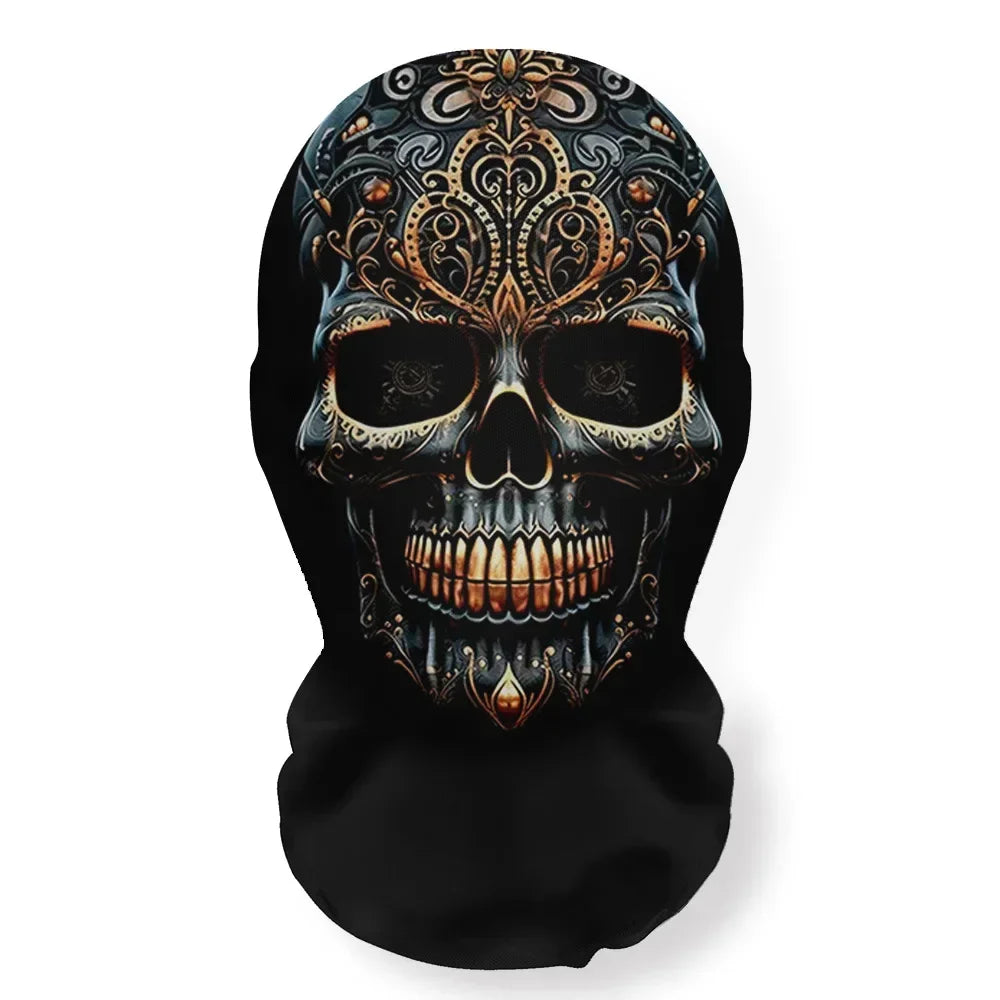 A black fabric mask featuring an intricate, detailed skeleton face design with ornate patterns.