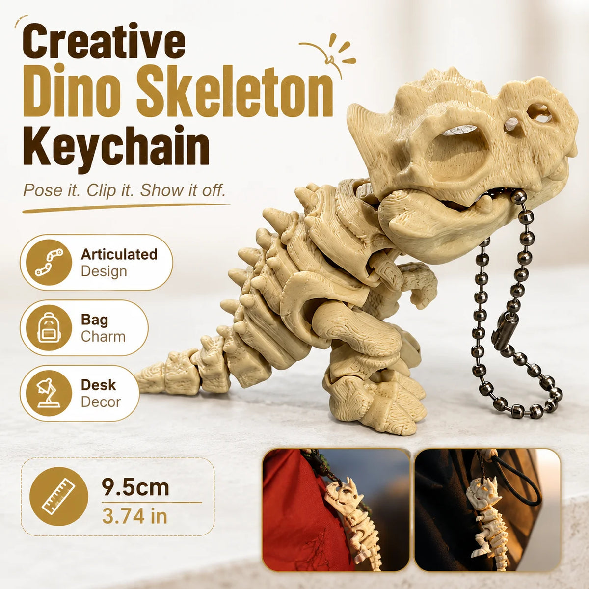 A light beige 3D printed T-Rex skeleton keychain with articulated joints and a chain.