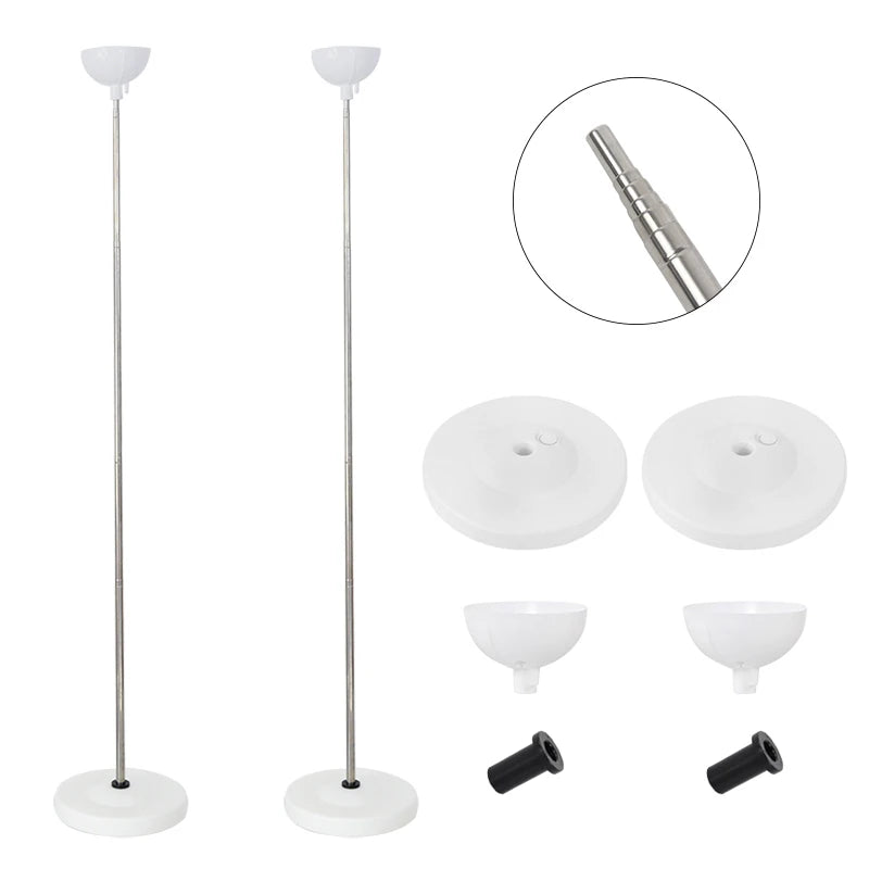 A set of adjustable metal balloon column stands, including the main stand, base, and various white and black components.
