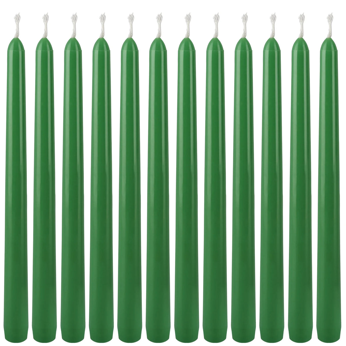 A pack of twelve green, cylindrical stick candles.