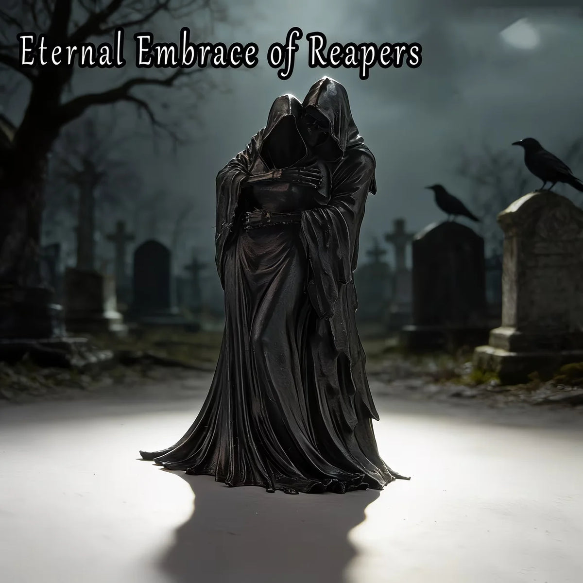 A dark, hooded statue resembling a Grim Reaper embracing another figure in a graveyard setting.