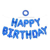 A set of blue foil balloons spelling out Happy Birthday