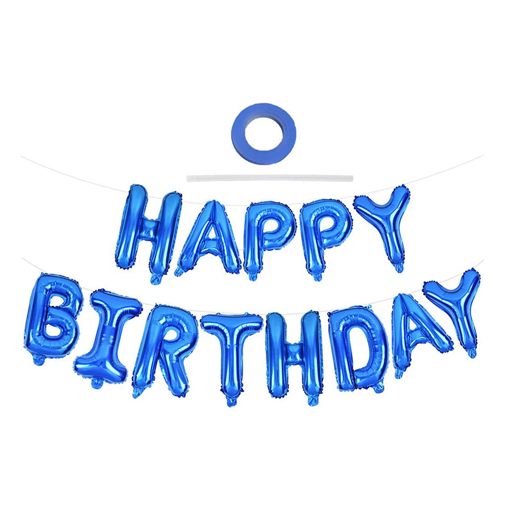 A set of blue foil balloons spelling out Happy Birthday