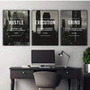 A set of three framed black and white motivational posters featuring text like Hustle Execution and Grind