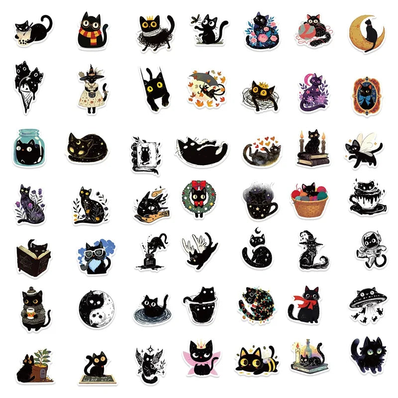 A collection of cartoon black star cat PVC stickers for DIY crafts and scrapbooking