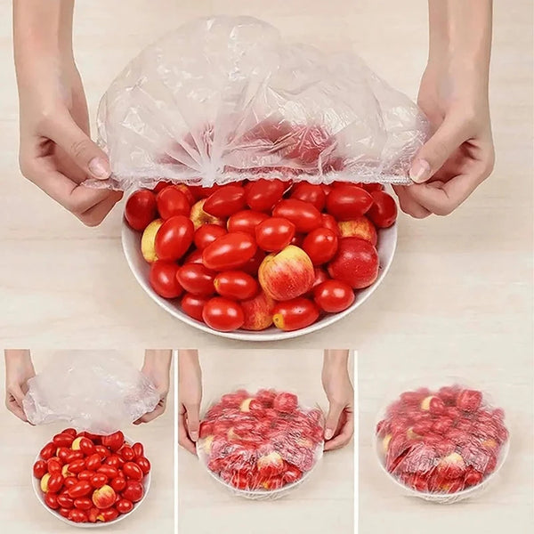 Hands holding a clear plastic bag filled with fresh red tomatoes and other produce.