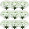 A display of white baby's breath artificial flowers arranged in bouquets.