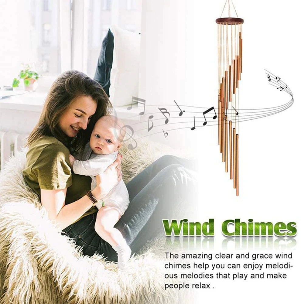 A mother holds a baby while a wind chime hangs, illustrating the clear and graceful melodies of the wind chimes.