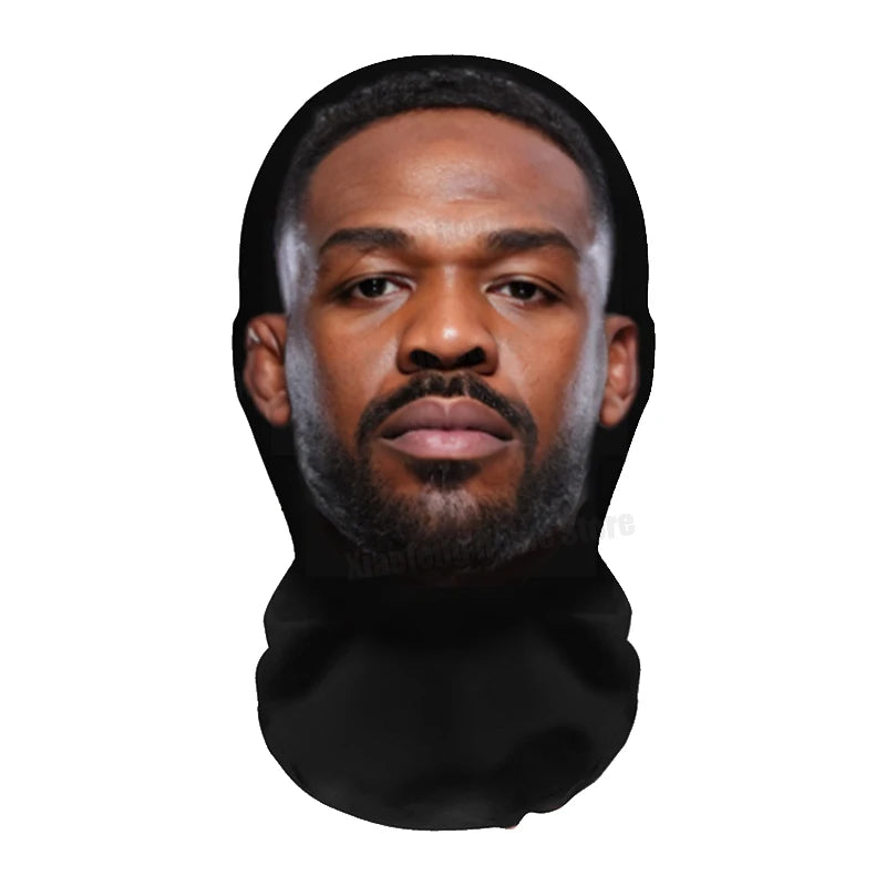A realistic 3D printed horror balaclava mask worn by a man.