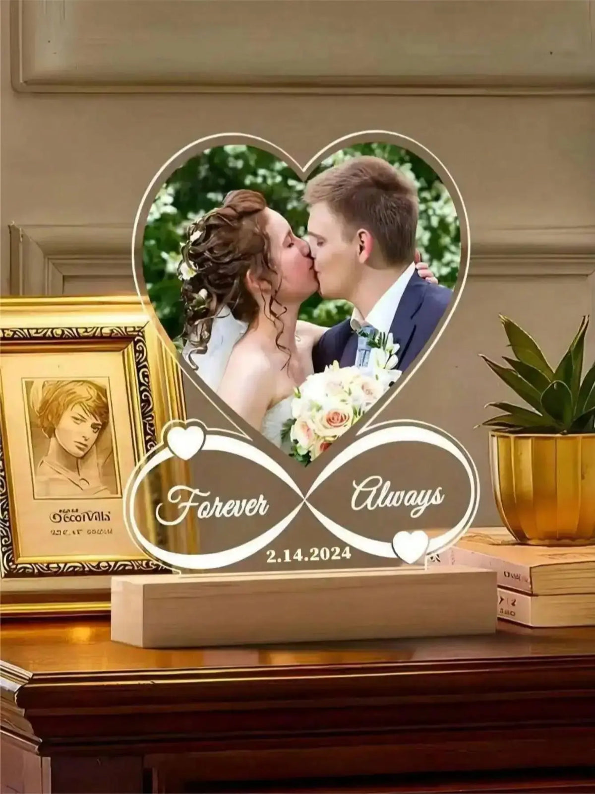 A custom acrylic heart photo frame featuring a couple kissing, with Forever and Always text and a date.