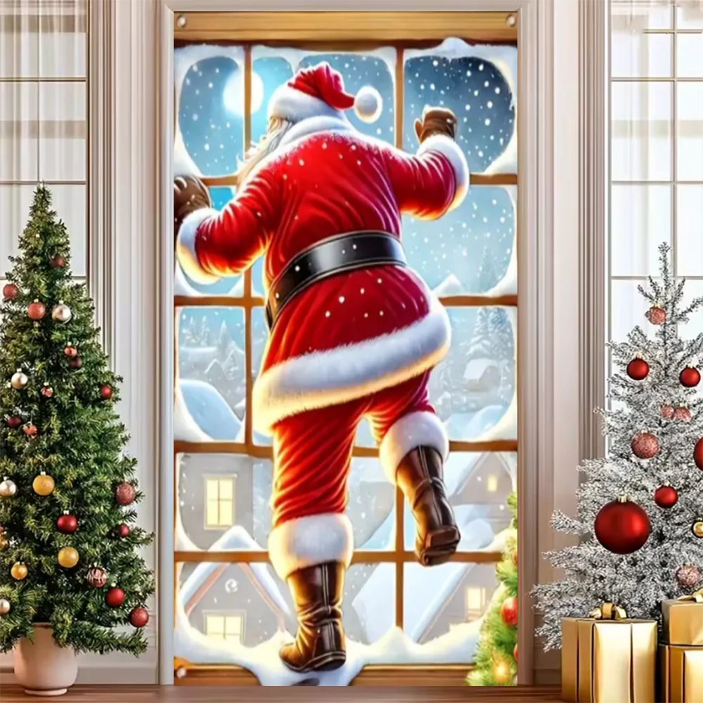 Merry Christmas Party Decoration Door Cover with Santa, Snowman & Reindeer Design