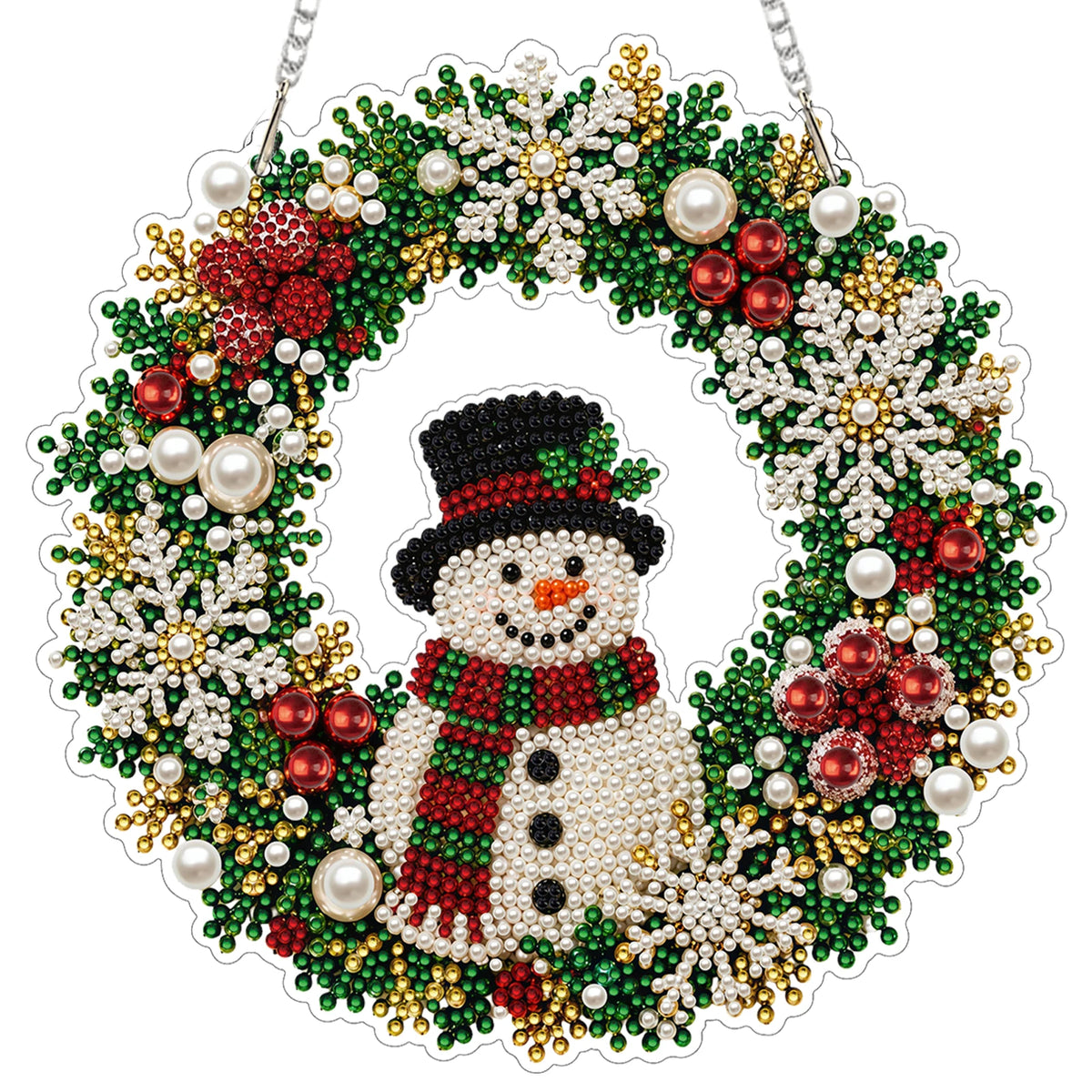 An LED-illuminated diamond painting wreath kit featuring a festive Christmas design with green foliage, red berries, and whit