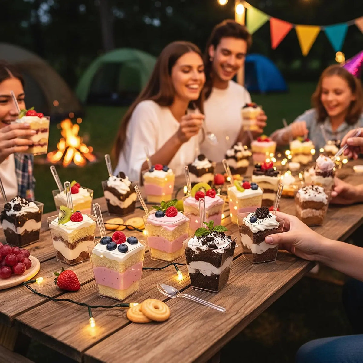 A group of people enjoying a picnic with various desserts served in clear plastic cups.