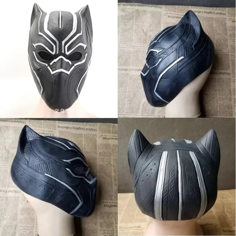 A realistic horror animal mask in black and silver tones displayed on a mannequin.