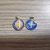 A pair of silver and blue religious pendants featuring St. Benedict symbols for crafting or gifting.