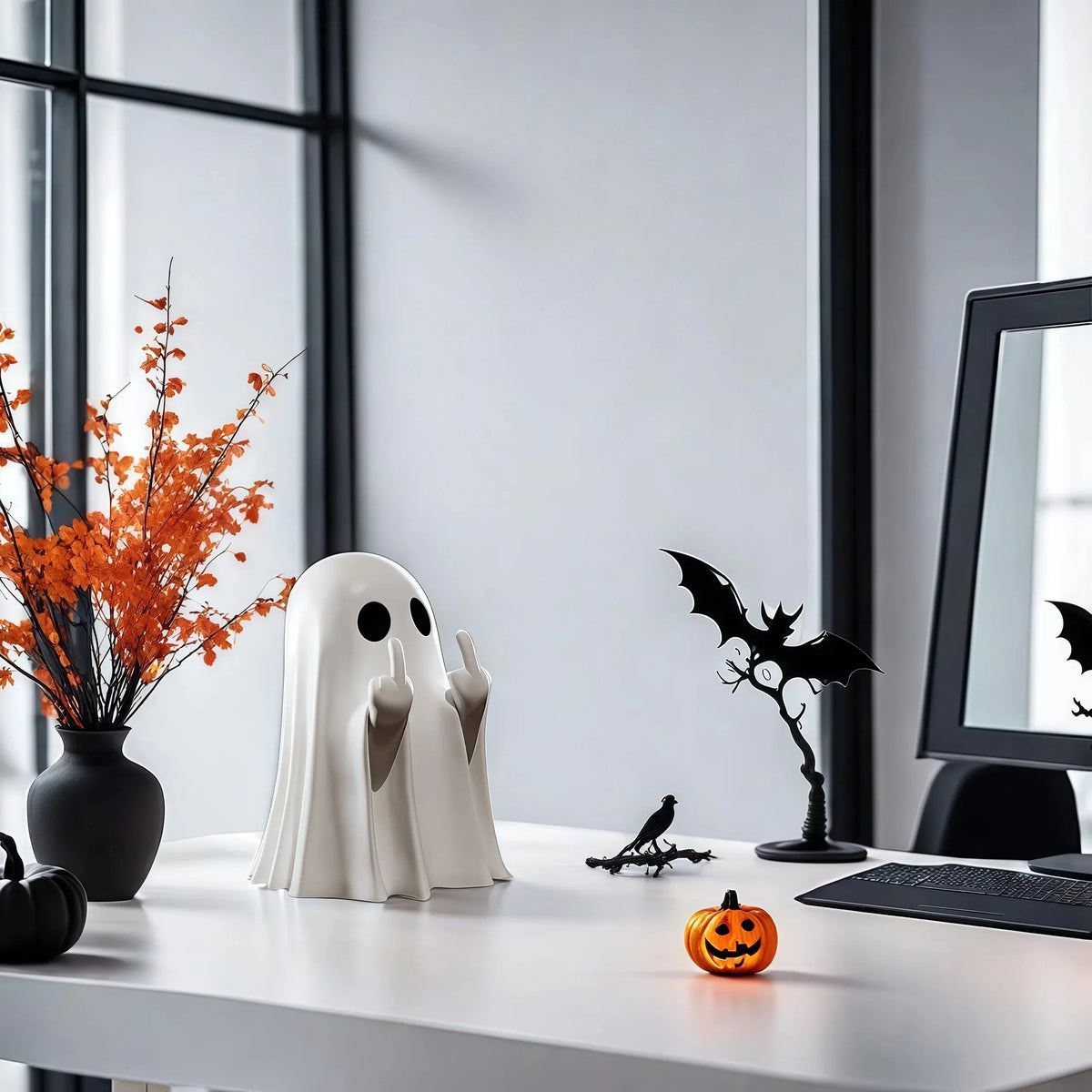 A white ghost figurine with a cheeky gesture sits on a desk next to an orange pumpkin and a black bat silhouette.