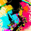 A dynamic illustration of a person skateboarding, rendered in vibrant neon colors against a splash background.