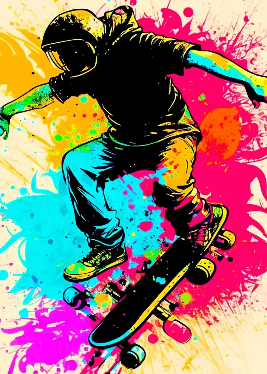 A dynamic illustration of a person skateboarding, rendered in vibrant neon colors against a splash background.