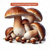 A cluster of whole mushrooms and mushroom caps on a white background.