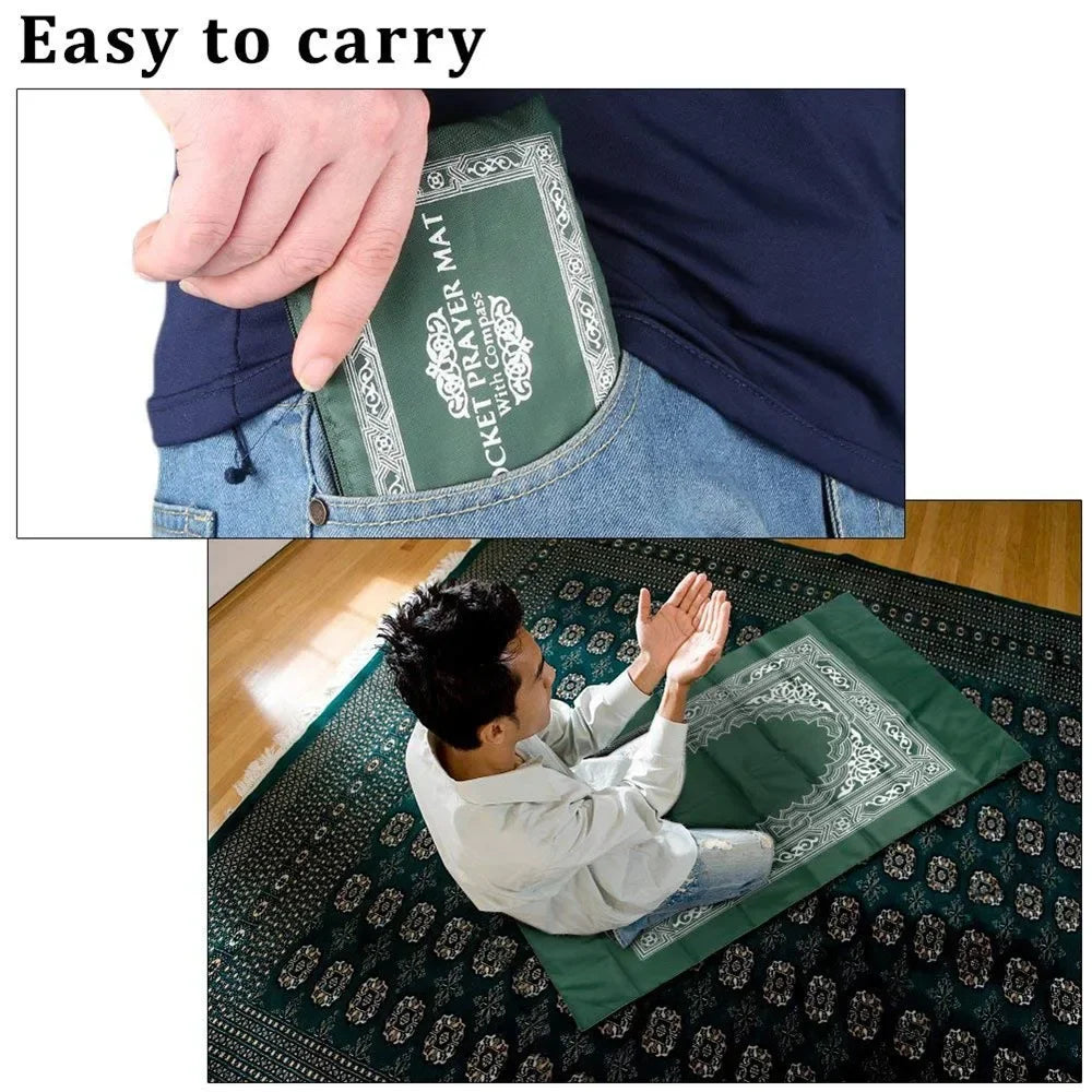 A hand is shown carrying a green pocket prayer mat with a compass inside a blue shirt.