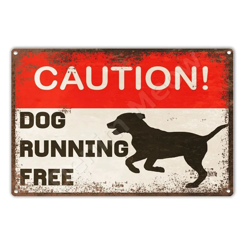A distressed red and white metal sign with black text warning of a dog running free.