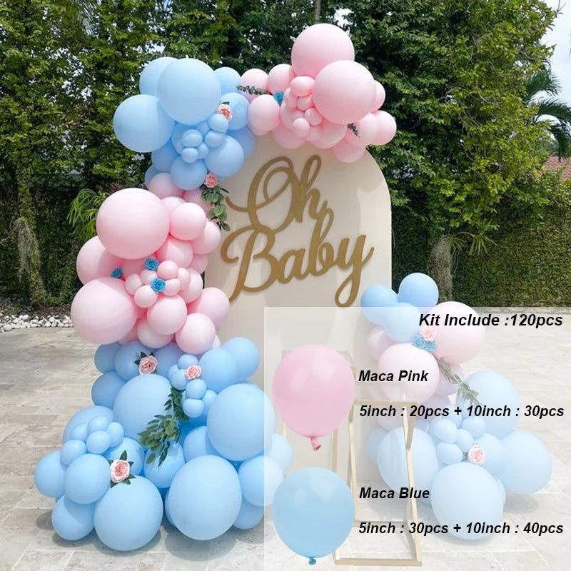 A kit of pink and blue balloons arranged in a display featuring the text Oh Baby