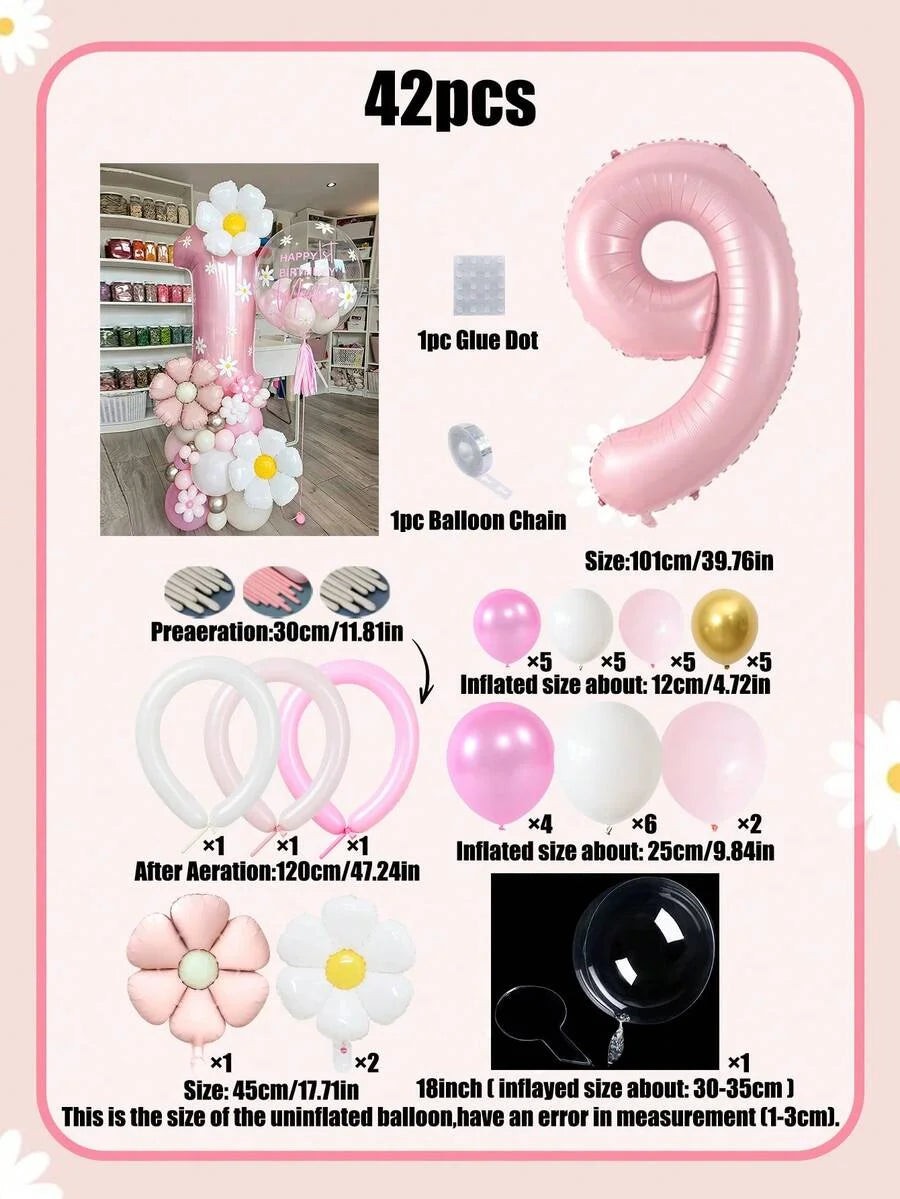 A set of 42 pink and white balloons including a large number balloon, glue dots, and various sized balloons.