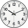 A white round wall clock with black numbers and hands showing a time close to 10 o'clock.