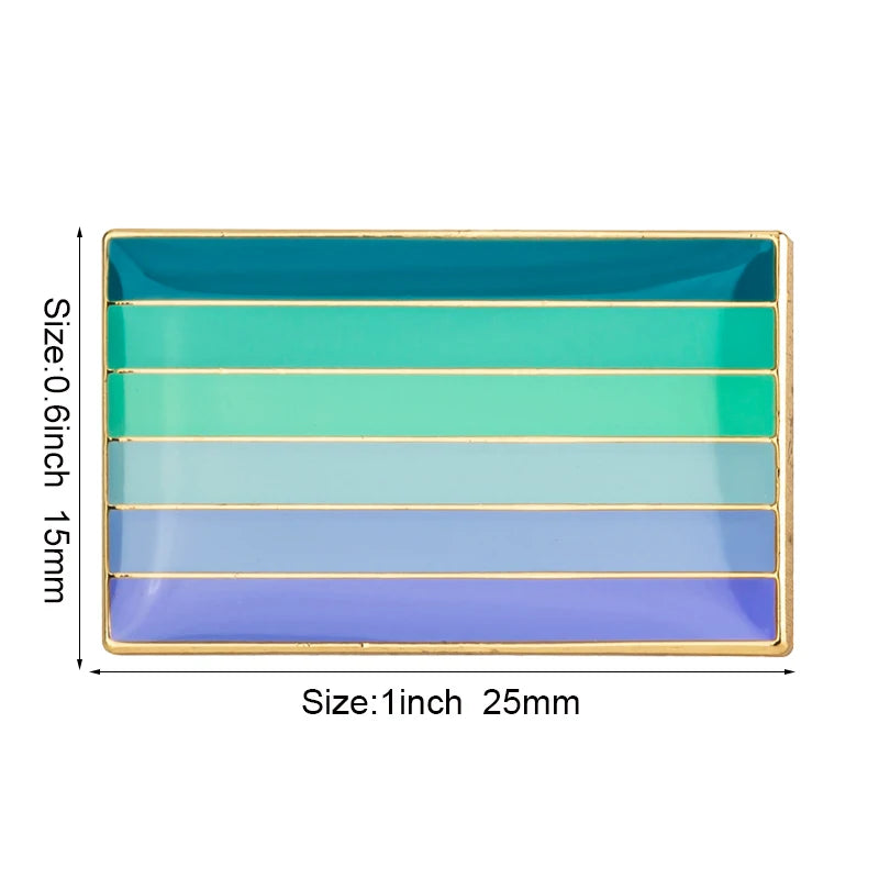 A rectangular lapel pin featuring five horizontal stripes of teal, mint green, and blue colors.