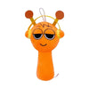 An orange plush toy shaped like a stylized cartoon character with large eyes and two round ears.