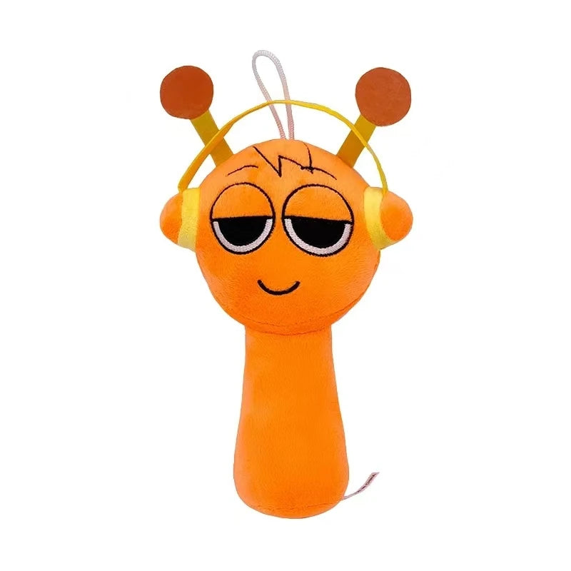 An orange plush toy shaped like a stylized cartoon character with large eyes and two round ears.