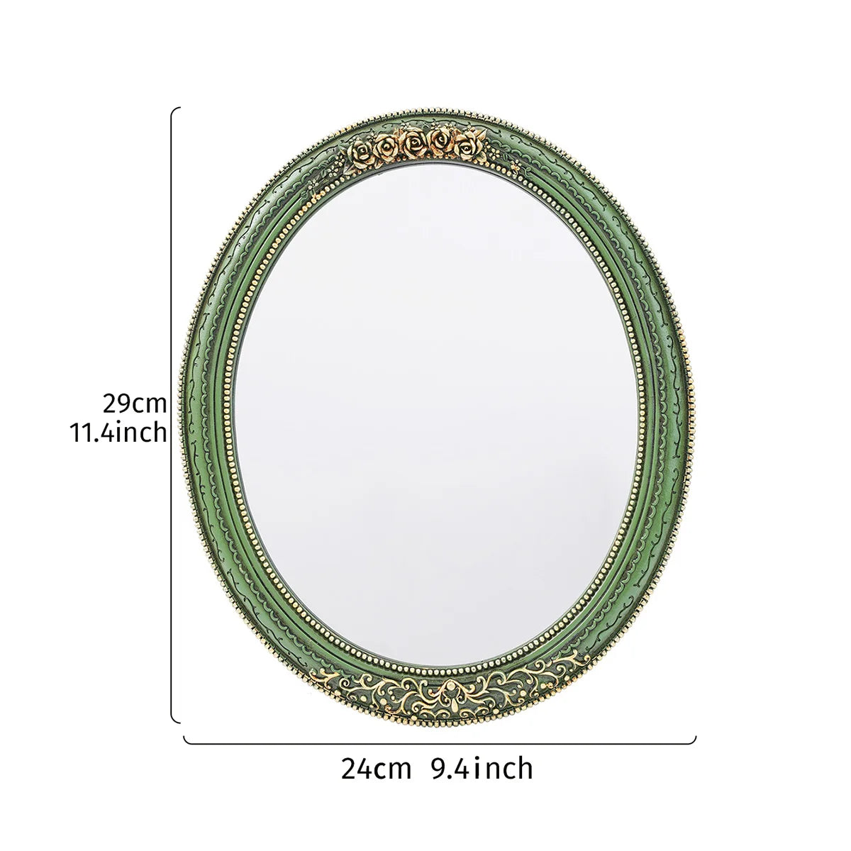 Classic oval wall mirror with a green frame and gold lace design.