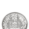 A detailed black and white illustration of a Tibetan Buddhist statue with multiple arms and ancient coins.