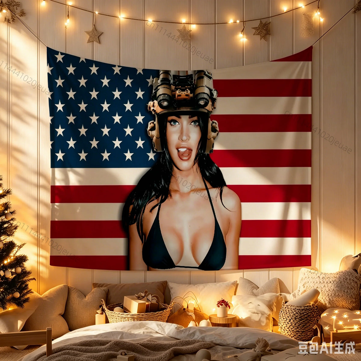 A woman wearing a military helmet poses in front of a large American flag tapestry decorated with stars and stripes.