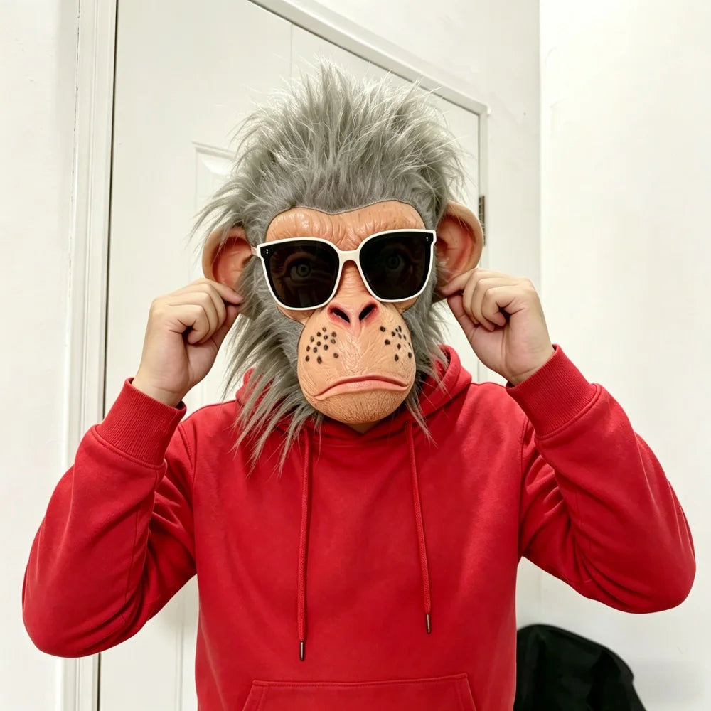 A person wearing a red hoodie holds up a realistic chimpanzee latex mask for cosplay.