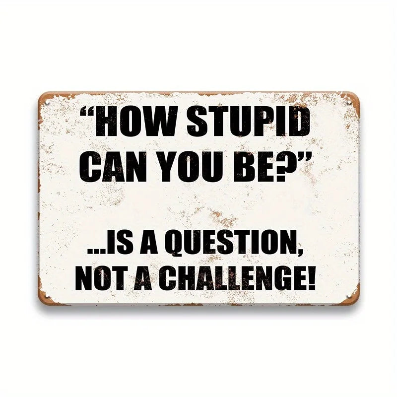 A distressed rectangular metal tin sign with black text that reads How stupid can you be is a question not a challenge