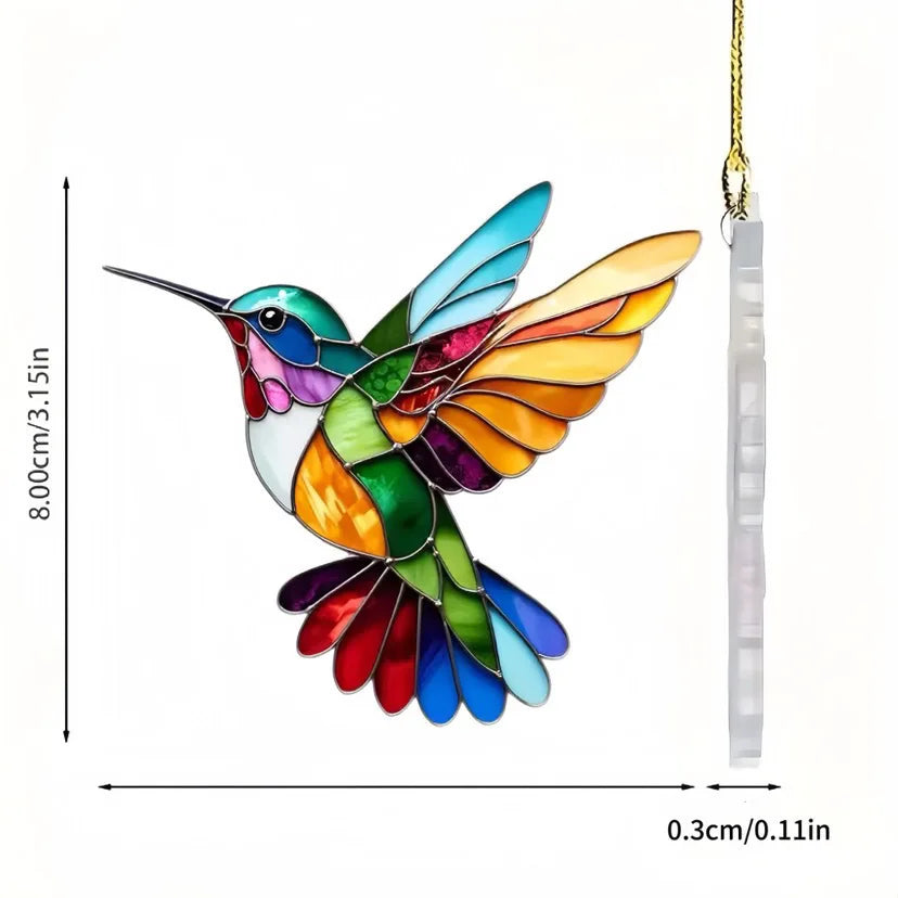Colorful acrylic hummingbird suncatcher hanging ornament with iridescent wings and a clear pendant.