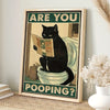 A framed poster featuring a black cat looking surprised with the text Are You Pooping?