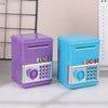 A purple and blue kids mini piggy bank and money box with a digital display and coin slot.