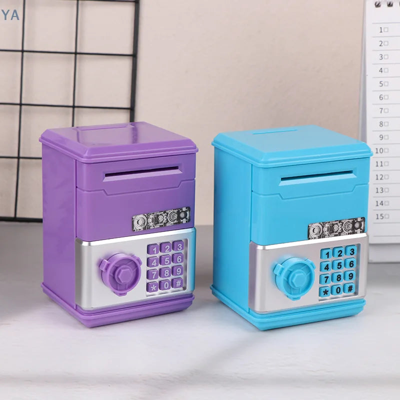 A purple and blue kids mini piggy bank and money box with a digital display and coin slot.