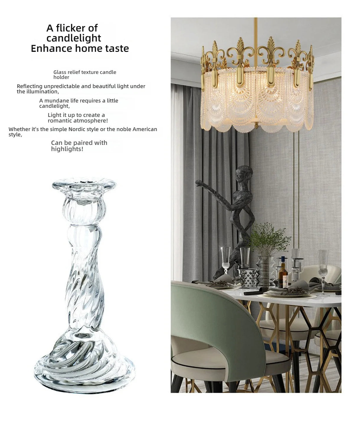 Elegant clear glass pillar candle holder displayed in a modern interior setting.