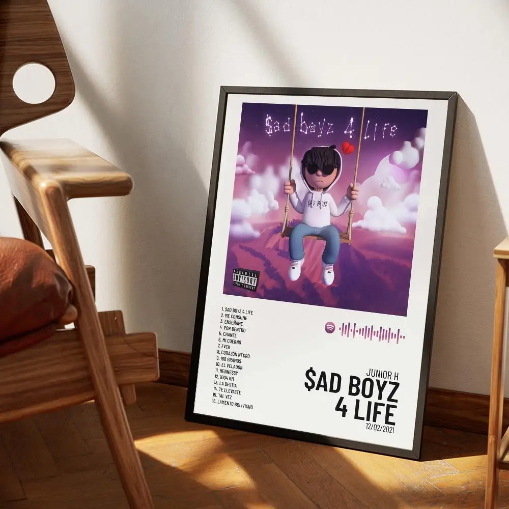A framed canvas wall art featuring the title Sad Boyz 4 Life with a purple and pink gradient background.