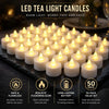 Primer plano de muchas velas de té LED blancas brillantes dispuestas sobre una superficie oscura.